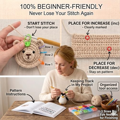 Xenhrun Crochet Stitch Markers Kit 310Pcs Large Locking Crochet Counter Clips and Marker Rings For Crocheting Knitting With Compartment Storage Box Reusable For 1000+ 0 Snagging 1S Open and Close