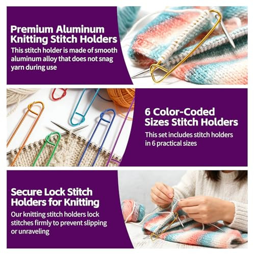 Iogog 6 Pcs Knitting Stitch Holders 6 Size Aluminum Stitch Holders For Knitting ColorCoded Stitch Holder Set Large Safety Pins For Sweaters Scarves Crochet and Diy Craft Projects 6 Colors