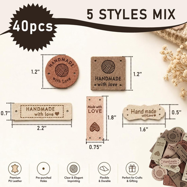 Togetrue 40Pcs Leather Handmade Tags Faux Made With Love Tags For Crochet Items Crochet Tags For Handmade Items Knitting Sewing Projects And Diy Crafts Style A Sewing Labels For Handmade Items Leather Tags