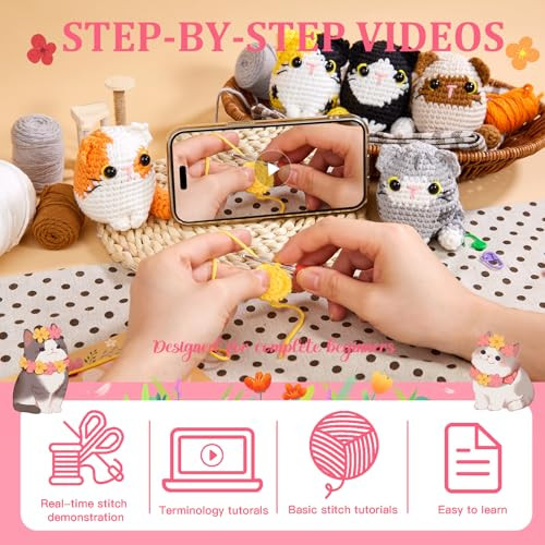 Magimuse Crochet Kit For Beginners Beginner Crochet Kit With StepByStep Video Tutorials Diy Crochet Animal Kits Amigurumi Craft Knitting Supplies 5 Pack Cats 40%+ Yarn