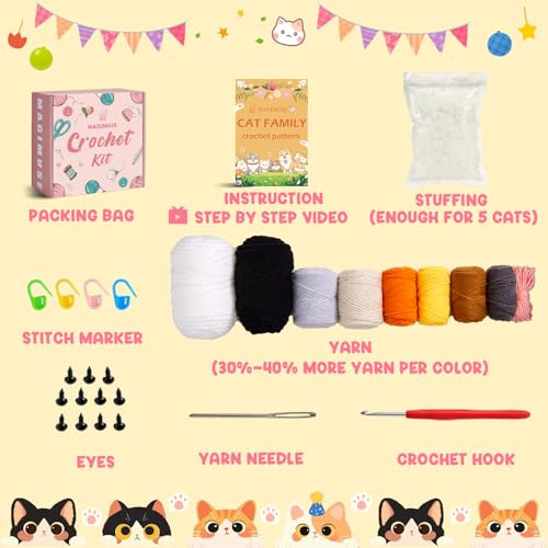 Magimuse Crochet Kit For Beginners Beginner Crochet Kit With StepByStep Video Tutorials Diy Crochet Animal Kits Amigurumi Craft Knitting Supplies 5 Pack Cats 40%+ Yarn