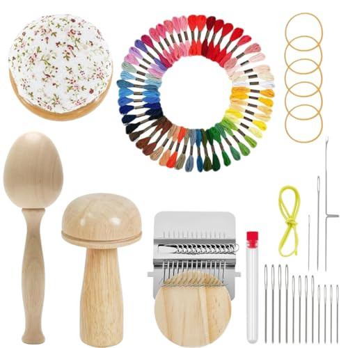 Drunmist Knit Patch Kit Darning Loom Kit 2 Pcs Wooden Mushroom Darning Egg Darning Kit With 14 Pcs Large Eye Needles and 50 Color Threads Darning Tool For Beginners Diy Handicraft Home Sewing Care