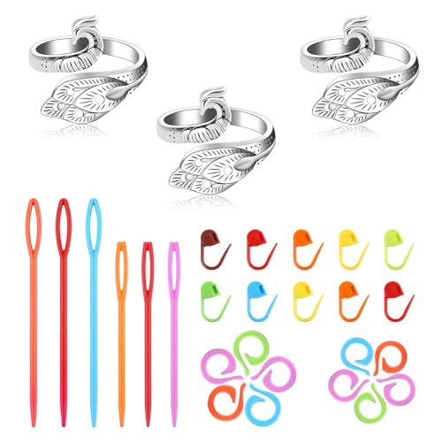Yizzvb 3 Pcs Crochet Ring+30Pcs Stitch Markers 6 Large Eye Blunt Needles Adjustable Tension Rings For Finger Yarn Knitting and Crochet Accessories Set For Diy Crafts Crocheters Knitters