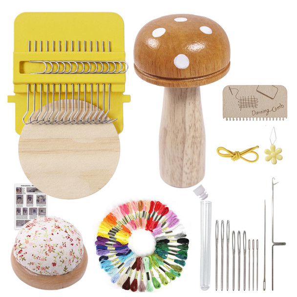 Yushen Colorful Mini Loom Darning Kit With Threads Knit Patch Kits Sock Darning Mushroom Egg Complete Mending Tools For Beginners Weaving Loom For Jeans Socks Repair Yellow Kit