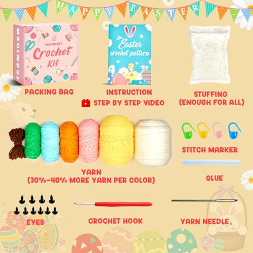 Magimuse Crochet Kit For Beginners Crochet Starter Kits For Adults Amigurumi Craft Knitting Crochet Animals Kits W StepByStep Video Tutorials Easter Bunny/Chick/Eggs40%+ Yarn