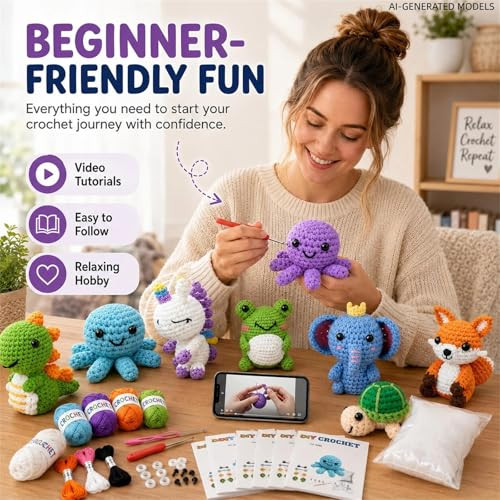 Ebzoyor Crochet Kit For Beginners 8 Cute Animal Amigurumi Projects With StepByStep Video Tutorials Diy Crochet Starter Kit With Yarn Hook Stuffing and Supplies Creative Craft For Adults And Teens