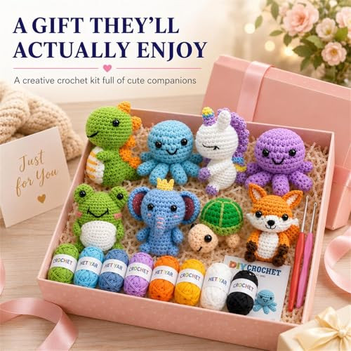 Ebzoyor Crochet Kit For Beginners 8 Cute Animal Amigurumi Projects With StepByStep Video Tutorials Diy Crochet Starter Kit With Yarn Hook Stuffing and Supplies Creative Craft For Adults And Teens