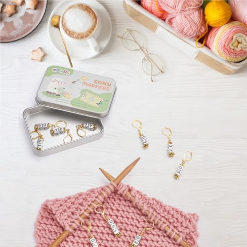 Nbeads 10 Pcs Number 10100 Acrylic Beads Stitch Markers Square Number Bead Crochet Knitting Stitch Marker With Leverback Loop Locking Golden