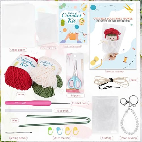Alvian Handmade Crochet Rose Dumpling Fairy With Keychain Flower Bouquet Beginners Crochet Kit For ValentineS Gifts Birthday Anniversary Everlasting Rose Flower Craft Kit