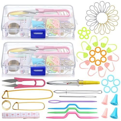 Feekoon 2 Pack Basic Knitting Tools Accessories Supplies With Case Knit Set Lots Knitting Supplies Set With Stitch Markers Plastic Sewing Needles Cable Needles For Sewing And Weaving