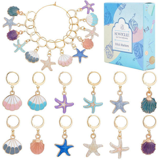 Sunnyclue 1 Box 24Pcs Stitch Markers Cute Knitting Crochet Notions Colorful Enamel Starfish Sea Shells Clip On Charm Removable Stainless Steel Leverback Clasps Knit Markers For Crocheting