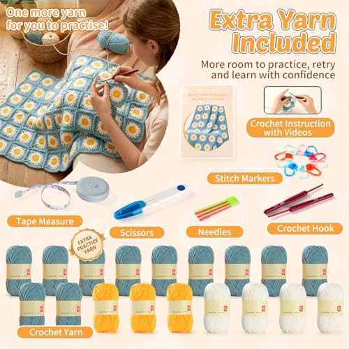 Fitsu Crochet Kit For Beginners Daisy Granny Square Blanket Crochet Starter Kit With Yarn Hooks StepByStep Book and Video Tutorials Easy LearnToCrochet Set For Adults And Beginners
