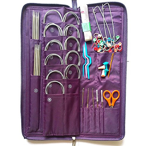 Maymii 104 Pcs Knitting Kit Stainless Steel Knit Needles Straight+Circular Needles+Crochet Hook Needlework Hand Tool With Pu Bag