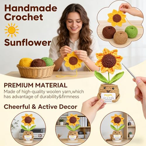 Zphtwo Positive Sunflower Doll Crochet With Card Best Mom Crochet Handcrafted Emotional Support Crochet Flower Sunflower Car Accessories and Desktop Decor Thoughtful For Mom Sister Friends