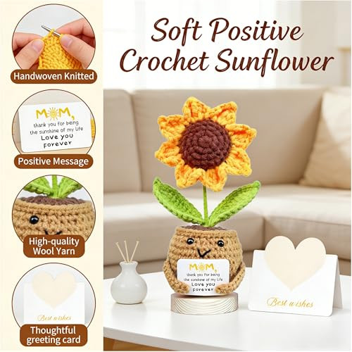 Zphtwo Positive Sunflower Doll Crochet With Card Best Mom Crochet Handcrafted Emotional Support Crochet Flower Sunflower Car Accessories and Desktop Decor Thoughtful For Mom Sister Friends