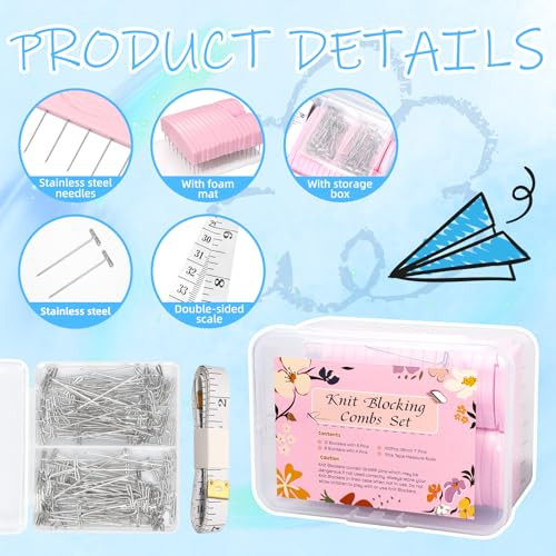 Tatiwoo Knit Blocking Combs Pins 20 Pcs Knit Blocking Combs For Blocking Knitting 100 Pcs TPins Knitter Crochet Tape Measure Ruler Sewing Lace Or Needlework Projects With Knitting Blocking Tools