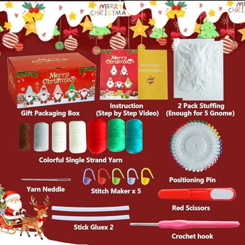 Augvo Christmas Crochet Kit For Beginners Crochet Starter Kits For Adults Amigurumi Craft Knitting Crochet Animals Kits With StepByStep Video Tutorials 5 Pack Gnome