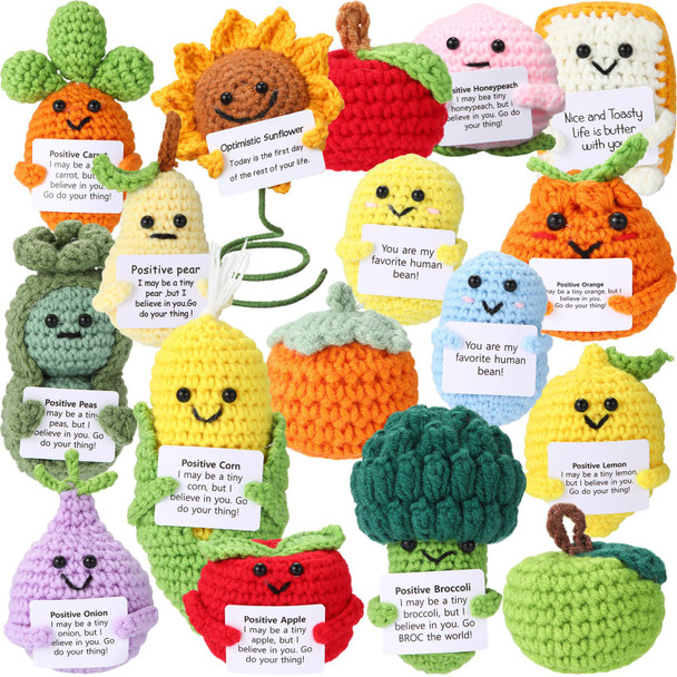 Viorawhite 18 Pcs Emotional Crochet Fruit Positive and Animal Support Set Handmade Knitted Desk Ornaments Keepsakes With Encouragement Cards Employee Appreciation Coworker