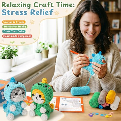 FortuningS Jds Crochet Kit For Beginners 2 Pack Dinosaur Cat Crochet Kit Beginner Crochet Kit For Adults With StepByStep Video Tutorials Complete Animal Crochet Starter Set With Easy Yarn Diy Craft Kit