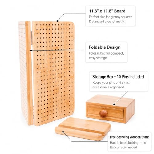Uniqus Crochet Blocking Board 118 Bamboo Blocking Mat With 10 Pins Stand and Storage Box Foldable Blocking Board For Granny Squares Knitting and Crochet Gifts