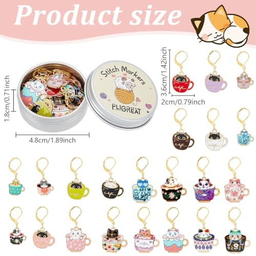 Pligreat 22 Pcs Enamel Coffee Cup Cat Stitch Marker Ornament Set Knitting Stitch Counter Diy Ornaments Crafts Making Accessories For Mom Woman Tailor Shop Supplies
