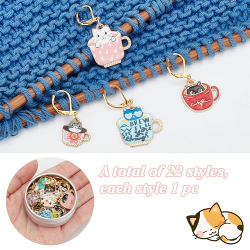 Pligreat 22 Pcs Enamel Coffee Cup Cat Stitch Marker Ornament Set Knitting Stitch Counter Diy Ornaments Crafts Making Accessories For Mom Woman Tailor Shop Supplies