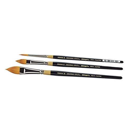 Kingart Premium Original Gold 3 Pc Floral Brush Set Synthetic Golden Taklon Hair For Acrylic Watercolor and Oil Short Handle 99306 10 94306