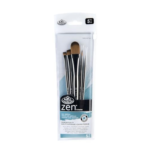 Royal and Langnickel Zen 5Pc Standard Handle Brush Set Includes Oval Wash Angular Round Chisel and Liner Brushes