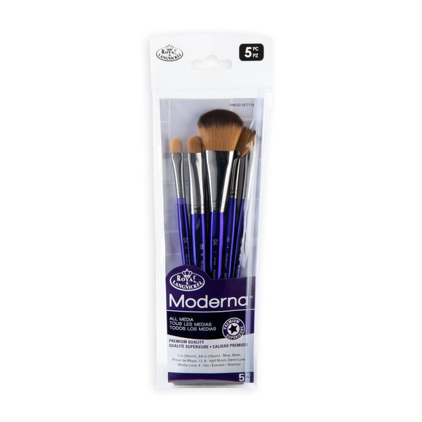 Royal and Langnickel Moderna 5Pc Variety Brush Set For All Painting Mediums Includes Oval Wash Angular Shader Fan and Round Brushes
