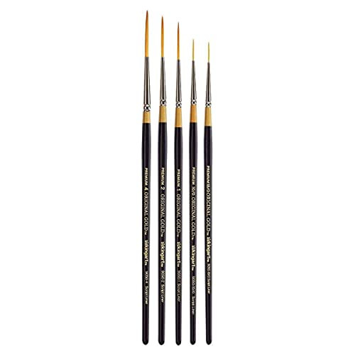 Kingart Premium 5 Pc Original Gold 9050 Series Script Liner Artist Brush Set Synthetic Golden Taklon Hair For Acrylic Oil And Gouache Paint Short Handle 5 Sizes 18/0 10/0 1 2 4