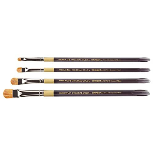 Kingart Premium 4 Pc Original Gold 9247 Series Crescent Filbert Blender Artist Brush Set Synthetic Bristle/Taklon Hair For Acrylic And Oil Paint Short Handle 4 Sizes 1/8 1/4 3/8 1/2