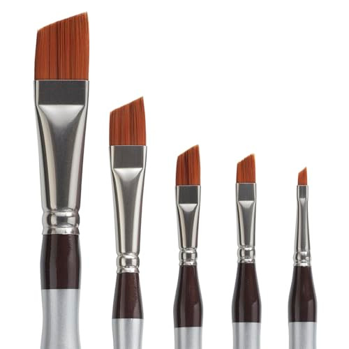 Kingart Premium Precision 2400 Series 5 Pc Angular Shader Brush Set Synthetic Taklon Hair For Acrylic Watercolor and Oil Short Comfort Handle 5 Sizes 1/8 1/4 3/8 1/2 5/8