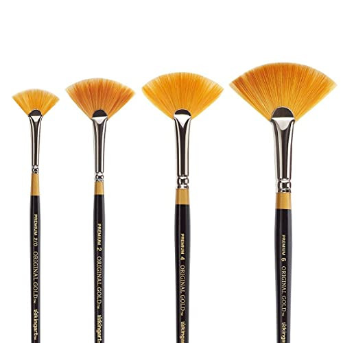 Kingart Premium 4 Pc Original Gold 9200 Series Fan Artist Brush Set Synthetic Golden Taklon Hair For Acrylic Oil Watercolor And Gouache Paint Short Handle 4 Sizes 2/0 2 4 6