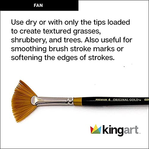 Kingart Premium 4 Pc Original Gold 9200 Series Fan Artist Brush Set Synthetic Golden Taklon Hair For Acrylic Oil Watercolor And Gouache Paint Short Handle 4 Sizes 2/0 2 4 6