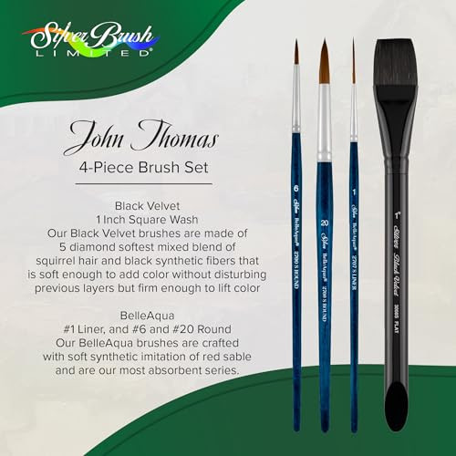 Silver Brush Limited Jt9911S Johnny Thomas 4Pc Essential Watercolor Brush Set Soft Natural And Synthetic Mixed Blend Fine Point Fibers Professional Artist Brushes Short Handle