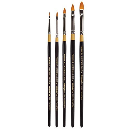 Kingart Premium 5 Pc Original Gold 9515 Series Pointed Filbert Artist Brush Set Synthetic Golden Taklon Hair For Acrylic Oil Watercolor And Gouache Paint Short Handle 5 Sizes 0 2 4 6 8