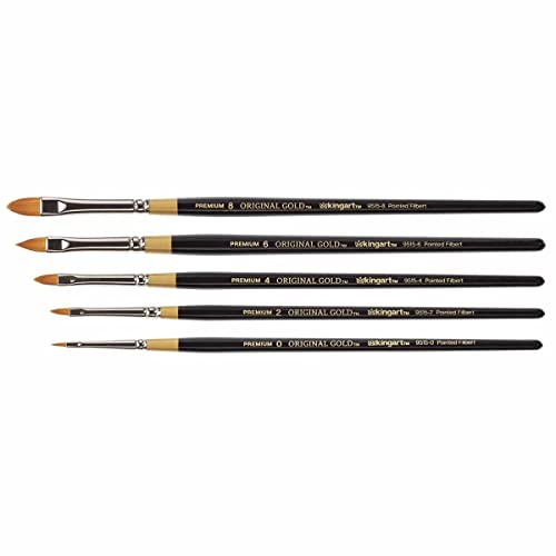 Kingart Premium 5 Pc Original Gold 9515 Series Pointed Filbert Artist Brush Set Synthetic Golden Taklon Hair For Acrylic Oil Watercolor And Gouache Paint Short Handle 5 Sizes 0 2 4 6 8