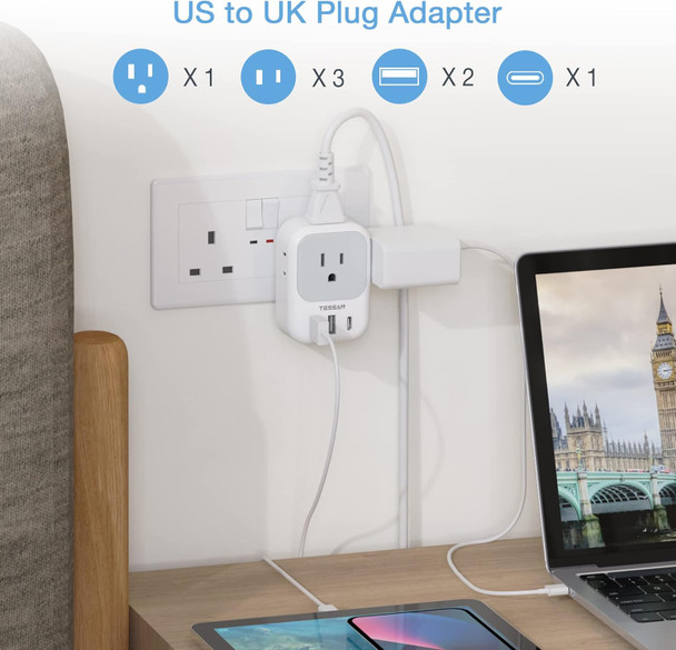 Us To Uk Plug Adapter, Tessan Type G Travel Converter With 3 Usb Charger(1 Usb C Port), 220V To 110V Voltage Converter, 2000W Step Down Transformer Universal Adapter, For Europe Uk Eu Aus Spain Italy