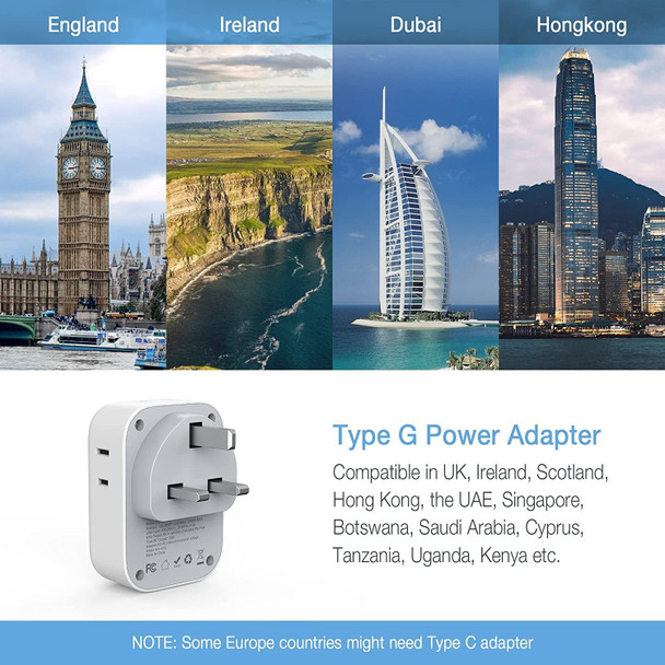 Us To Uk Plug Adapter, Tessan Type G Travel Converter With 3 Usb Charger(1 Usb C Port), 220V To 110V Voltage Converter, 2000W Step Down Transformer Universal Adapter, For Europe Uk Eu Aus Spain Italy