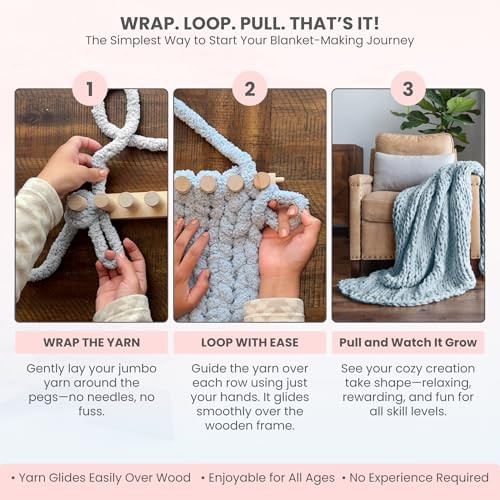 Looma 46 Wooden Loom Frame For Diy Throw Blankets Chunky Knit Blanket Kit Adjustable Size Hand Knitting Kit No Needles Required BeginnerFriendly Yarn Craft For Home Decor and Stress Relief
