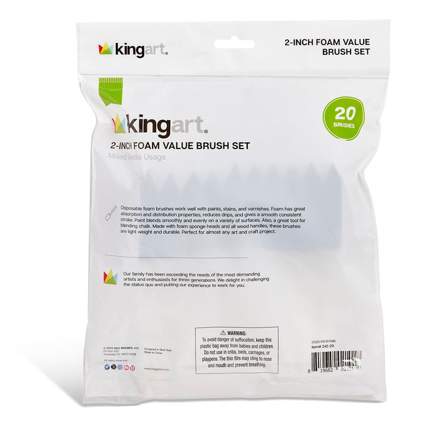 Kingart 24220 Foam 20 Pc Value Pack 2 Brush Set Short Wood Handle For Oil Acrylic and Watercolor Paint Great For Crafts Diy Home Projects Hobbies and Group Activities
