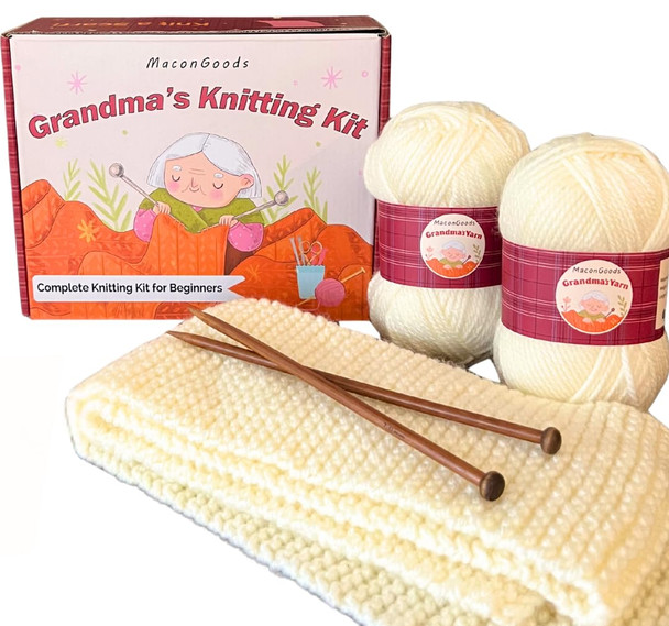 Macongoods GrandmaS Knitting Kit Complete Knitting Kit For Beginners Includes Beginner Yarn Bamboo Needles Video Tutorial And Written Guide and More Easy Learn To Knit Kit