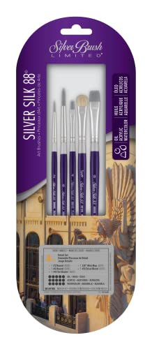 Silver Brush Limited Sk8110S Silver Silk 88 Detail Set Short Handle Artist Paintbrushes For Acrylic Watercolor Gouache Inks and Dyes 5Pc Set Flat Shader Mini Mop Chisel Blend And Round Brushes