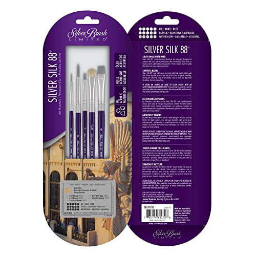 Silver Brush Limited Sk8110S Silver Silk 88 Detail Set Short Handle Artist Paintbrushes For Acrylic Watercolor Gouache Inks and Dyes 5Pc Set Flat Shader Mini Mop Chisel Blend And Round Brushes