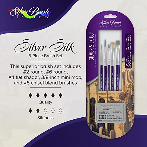 Silver Brush Limited Sk8110S Silver Silk 88 Detail Set Short Handle Artist Paintbrushes For Acrylic Watercolor Gouache Inks and Dyes 5Pc Set Flat Shader Mini Mop Chisel Blend And Round Brushes