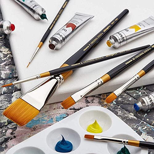 Kingart Premium Original Gold Series Handcrafted Golden Taklon Multimedia Artist Brushes Black Glosss Handle For Oil Acrylic Watercolor and Gouache Paints Set Of 12