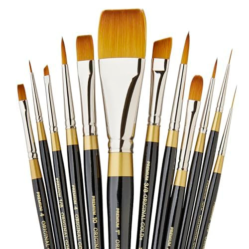 Kingart Premium Original Gold Series Handcrafted Golden Taklon Multimedia Artist Brushes Black Glosss Handle For Oil Acrylic Watercolor and Gouache Paints Set Of 12