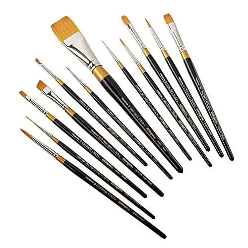 Kingart Premium Original Gold Series Handcrafted Golden Taklon Multimedia Artist Brushes Black Glosss Handle For Oil Acrylic Watercolor and Gouache Paints Set Of 12