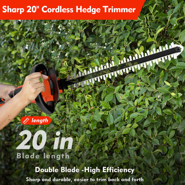Bravolu 21V Cordless Hedge Trimmer, 20" Dual-Action Blade, Hedge Trimmer Cordless with 4.0Ah Battery and Fast Charger, 1400 RPM, Electric Hedge Trimmer for Shruber and Yard Hedge Cutting