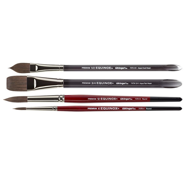 Kingart Equinox 1060C 4 Pc Set Of Brushes Premium Artist Painting Bundle For Watercolors Gouache Dyes and Silk Painting Short Handle Round And Wash Styles